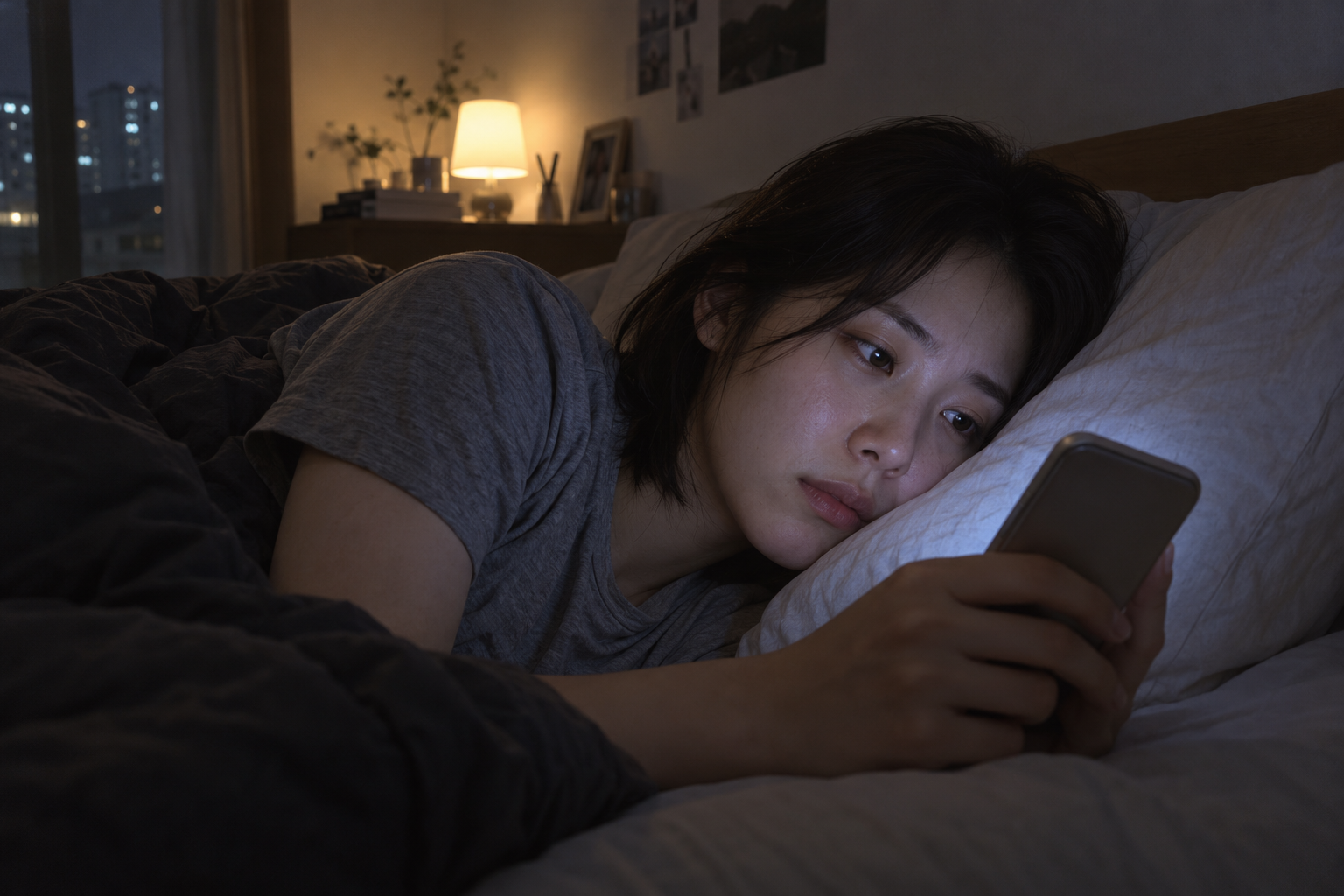 잠자리에 누워 휴대폰을 바라보는 여성