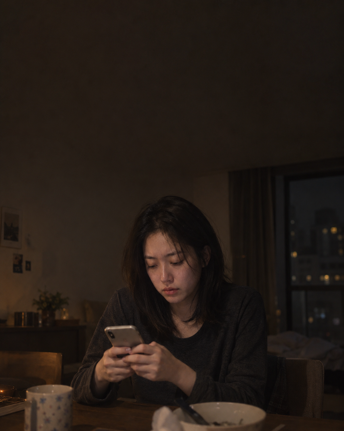 휴대폰을 든 채 답장을 망설이는 한국인 여성, 연출한 생성 이미지